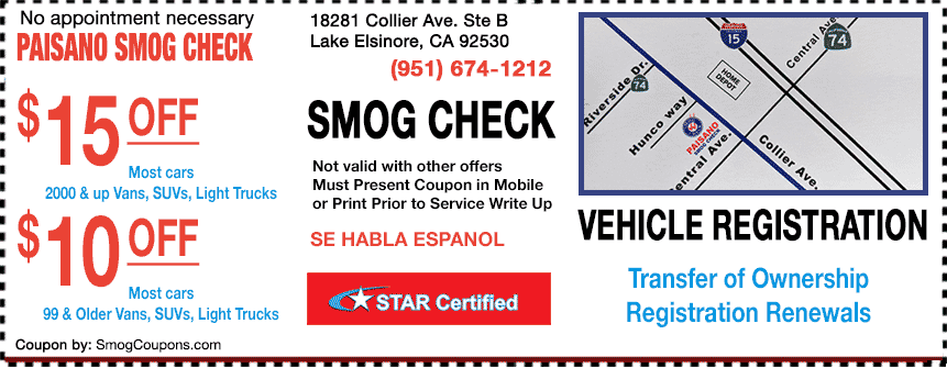 PAISANO SMOG TEST ONLY discount coupon with 15 dollar and 10 dollar offers